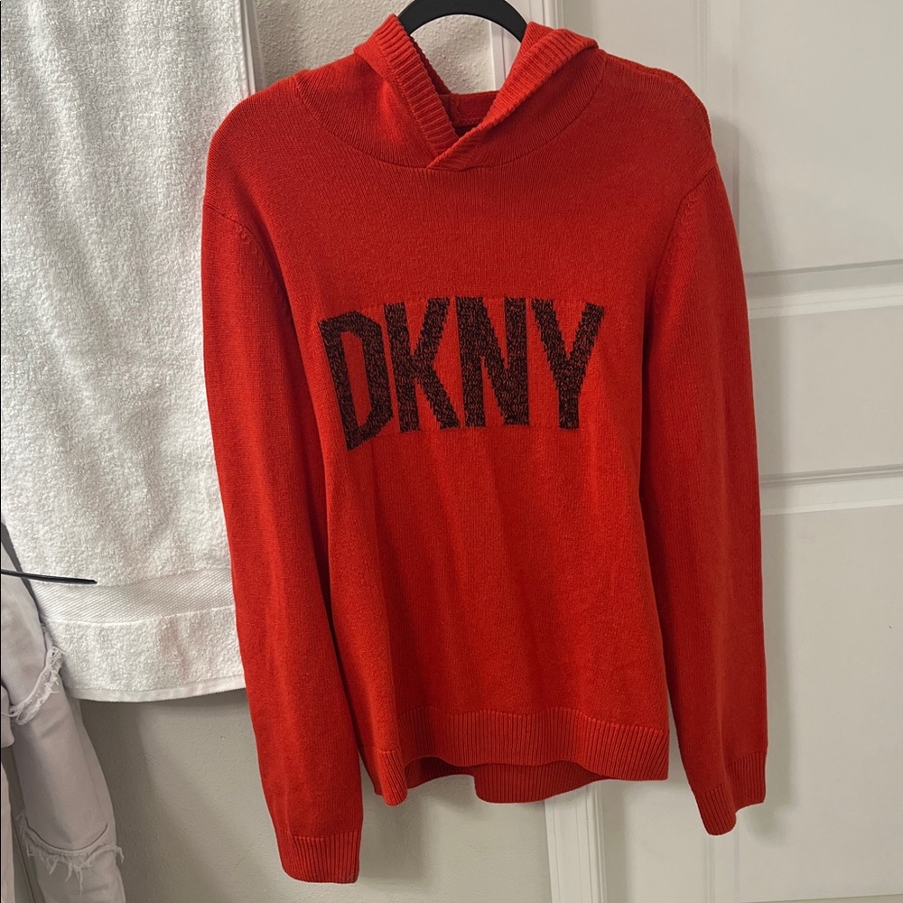 DKNY Unisex Bold Red Cowl Neck Hoodie Sweater